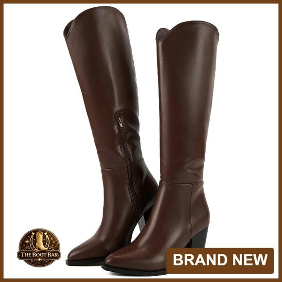 Shoes - Knee High Boots Faux Leather Pointed Toe Chunky Heel Western Style